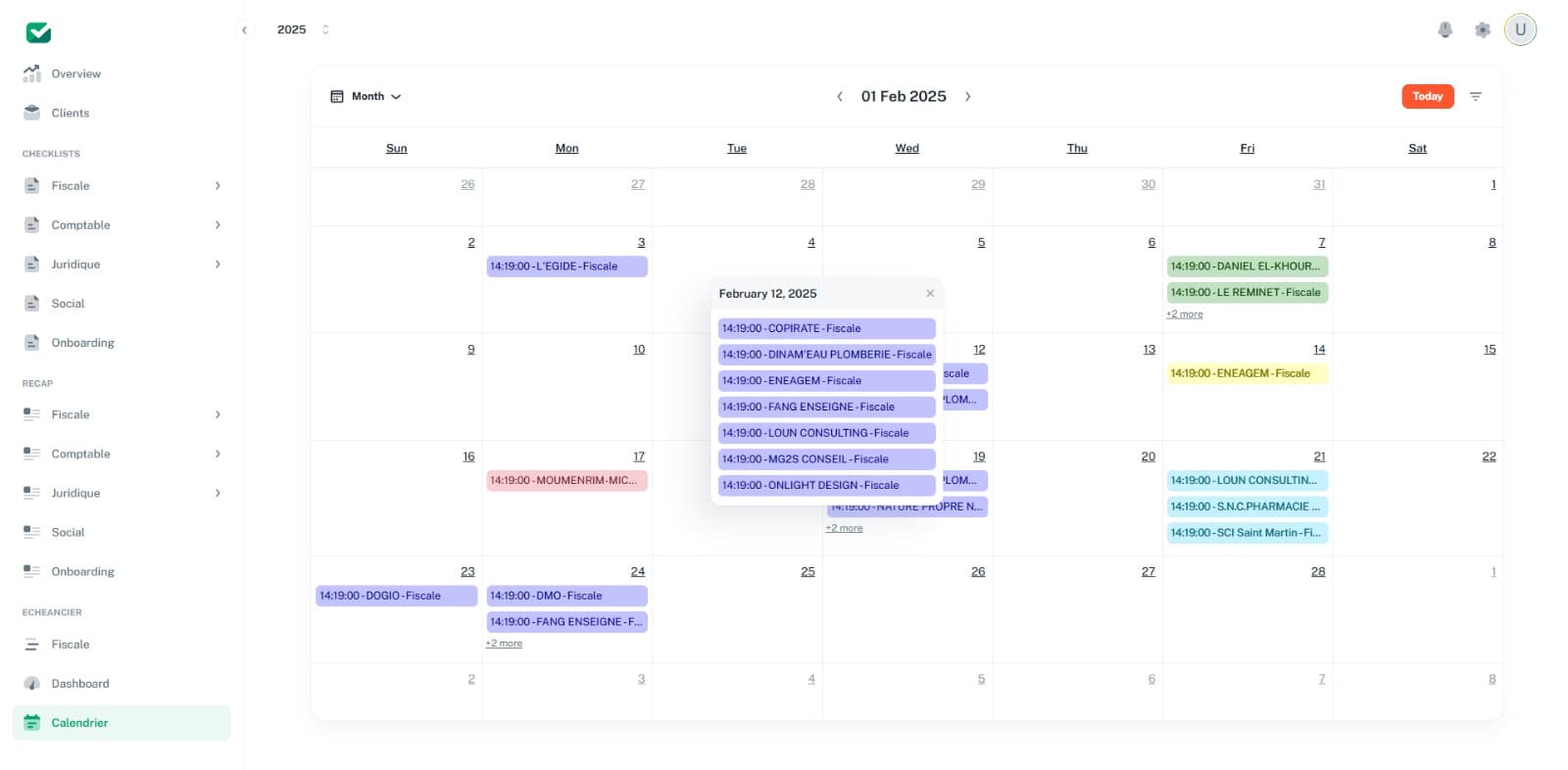 Vue calendrier FollowApp pour le pilotage des échéances.